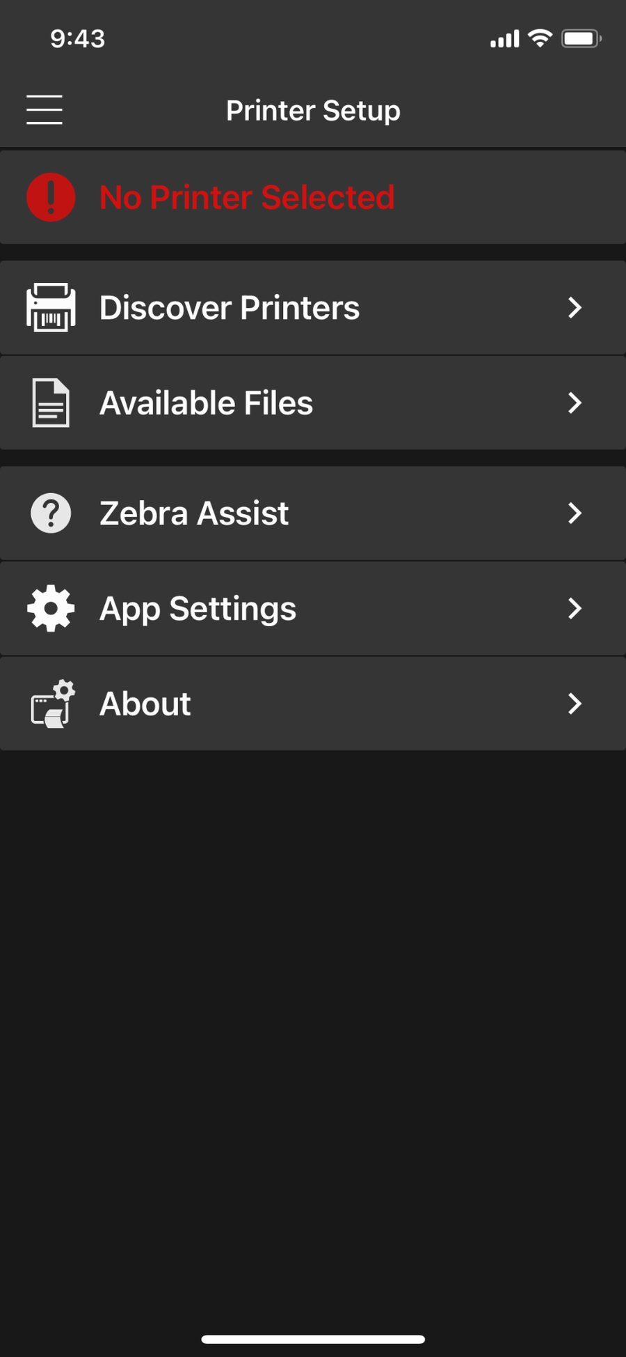 Printer Setup app - home screen