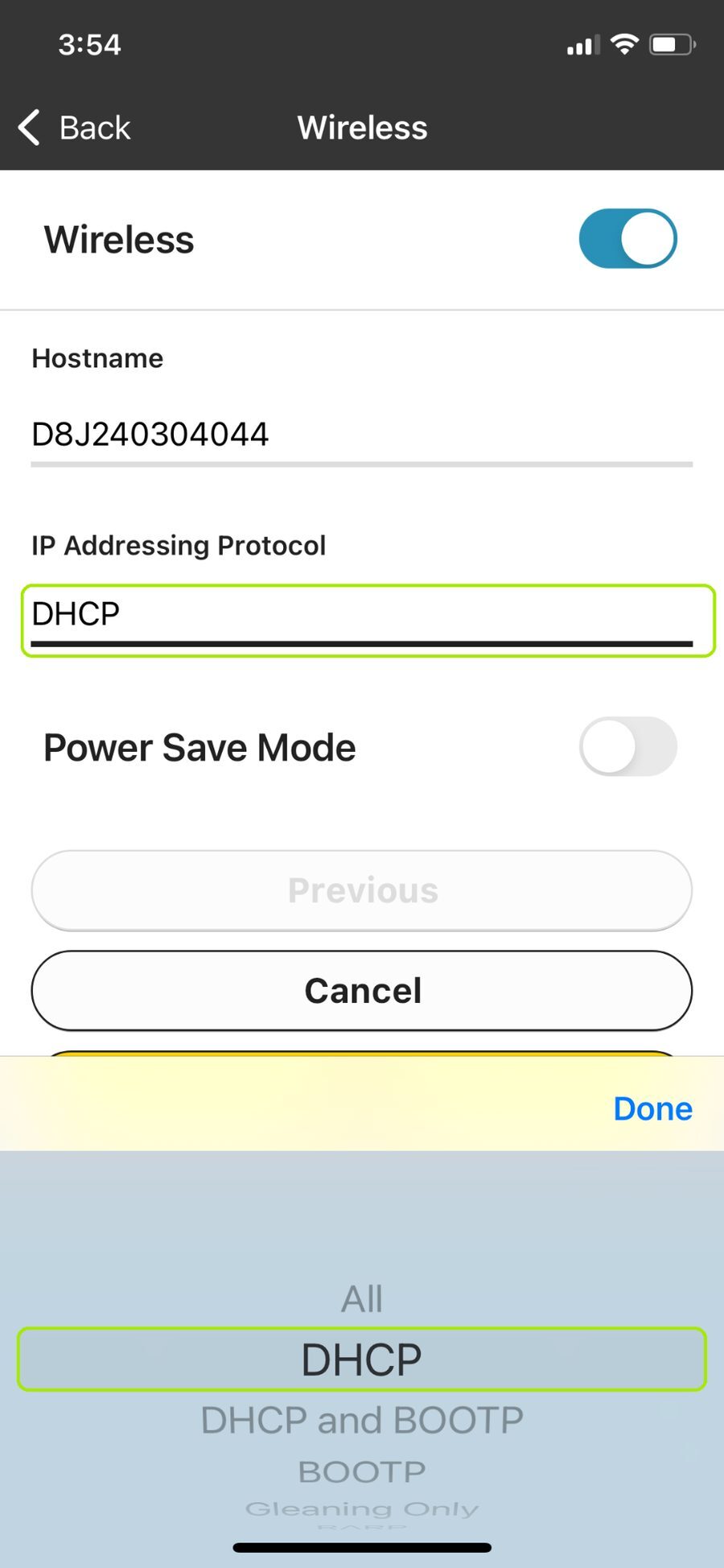 Selecting DHCP