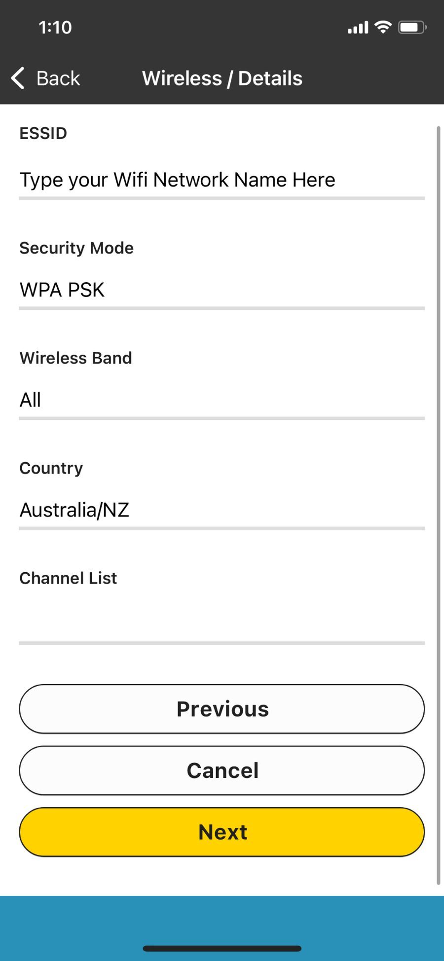 Wireless Details - ESSID, Security Mode, Country fields