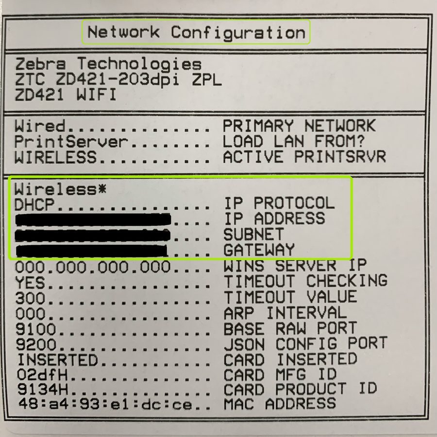 Network Configuration label printout