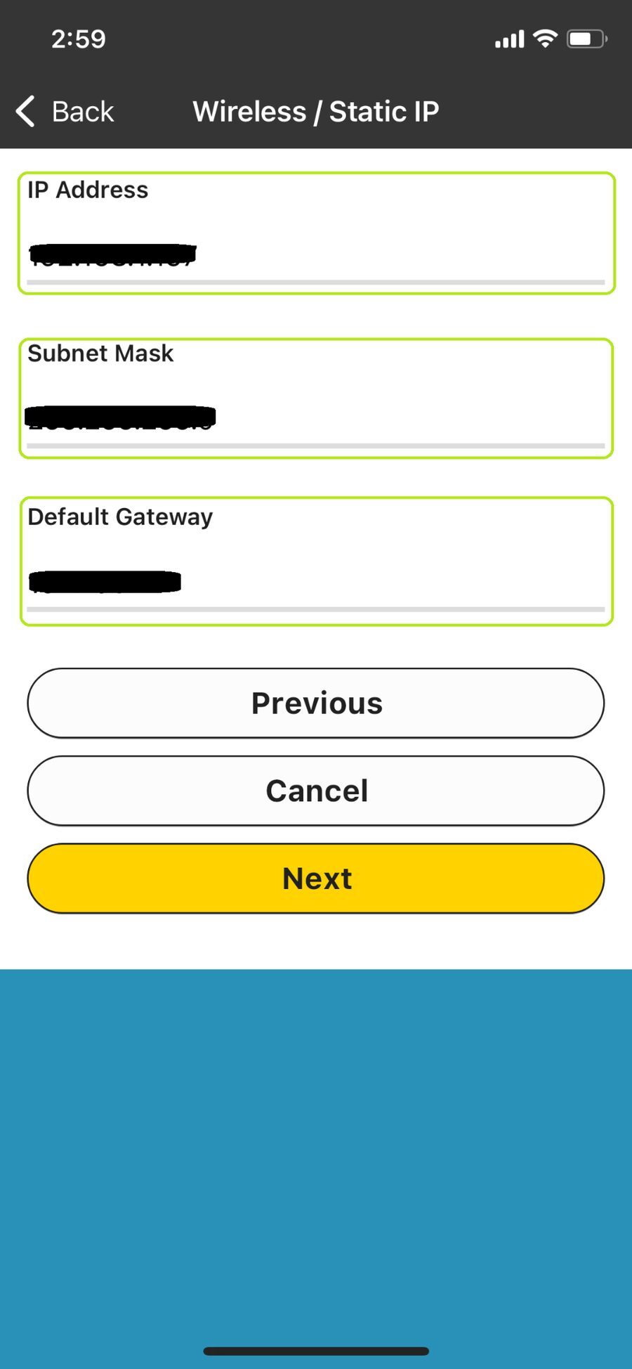 Static IP - IP Address, Subnet Mask, Default Gateway fields