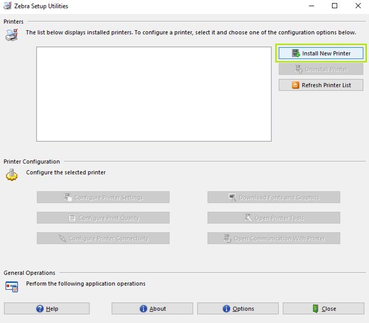 Zebra Setup Utilities - Install New Printer button