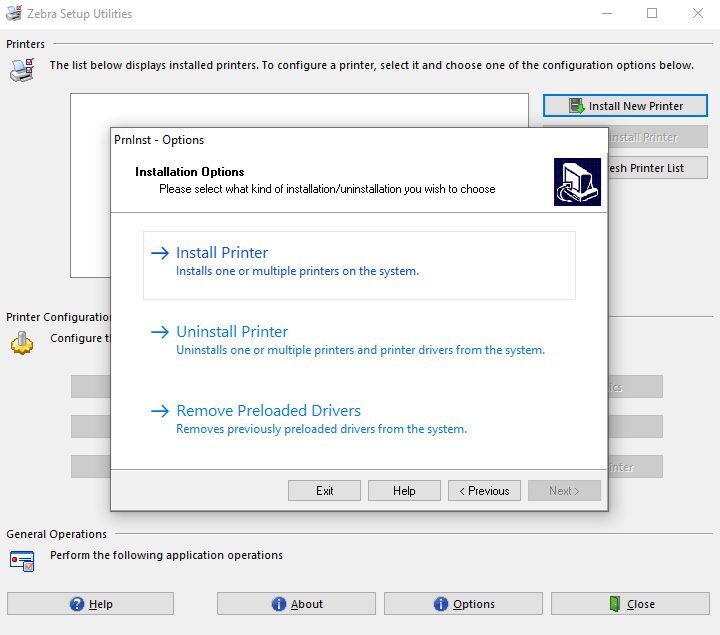 Install Printer option selected