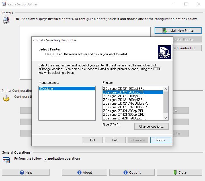 Printer selection - ZDesigner ZD421-203dpi ZPL highlighted