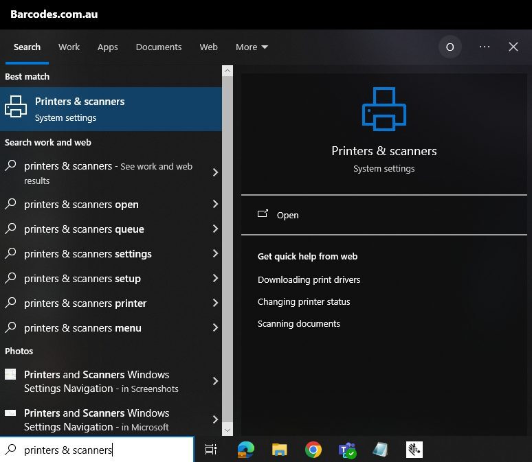 Windows search showing Printers and scanners