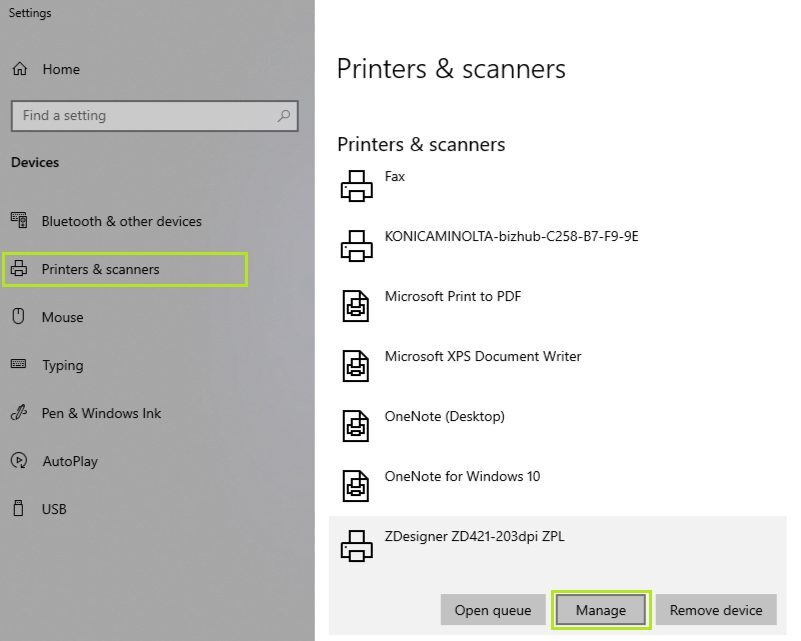 Printers and scanners - ZDesigner ZD421 listed with Manage button