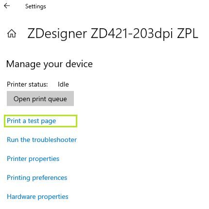 Manage device - Print a test page highlighted