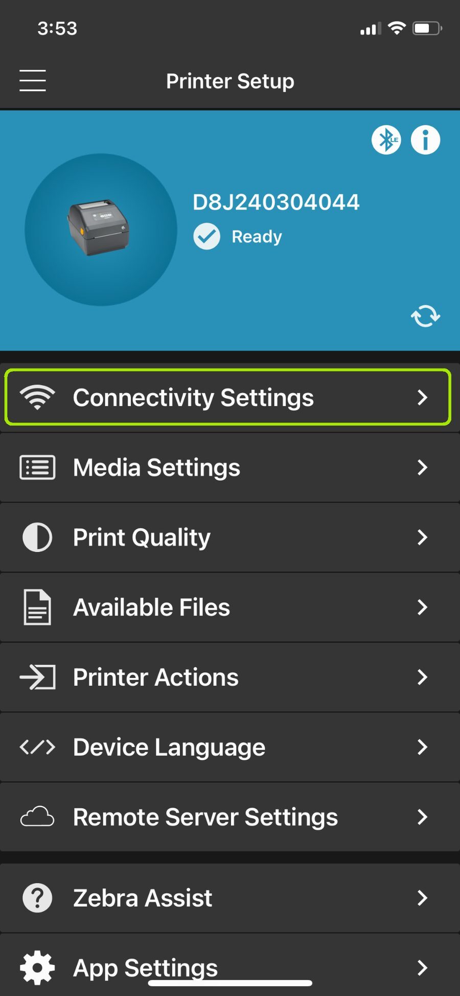Printer connected - Connectivity Settings menu